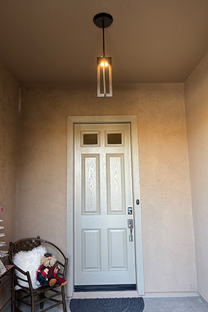Recessed light after using The Can Converter, model R56-RMF-MBK recessed light kit http://Stylish%20pendant%20which%20takes%20advantage%20of%20the%2010’%20ceiling%20height%20in%20my%20portico.