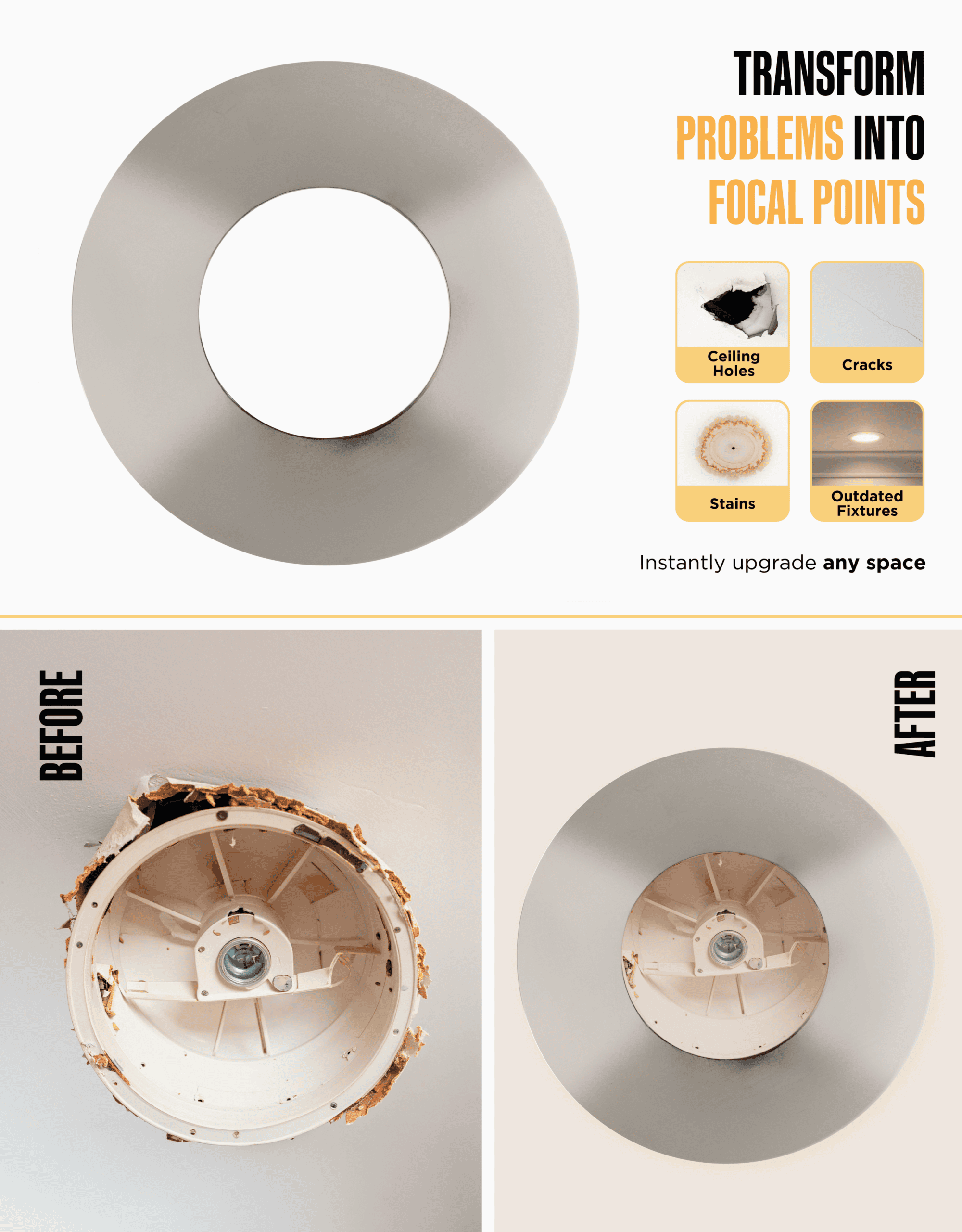 The Can Converter Ceiling Medallion for Recessed Can Light – Home Improvement Decorative Steel Flat Goof Ring & Cover Plate for 5" & 6" Cans, Small Ceiling Medallion for Chandeliers, Polished Chrome - Image 3