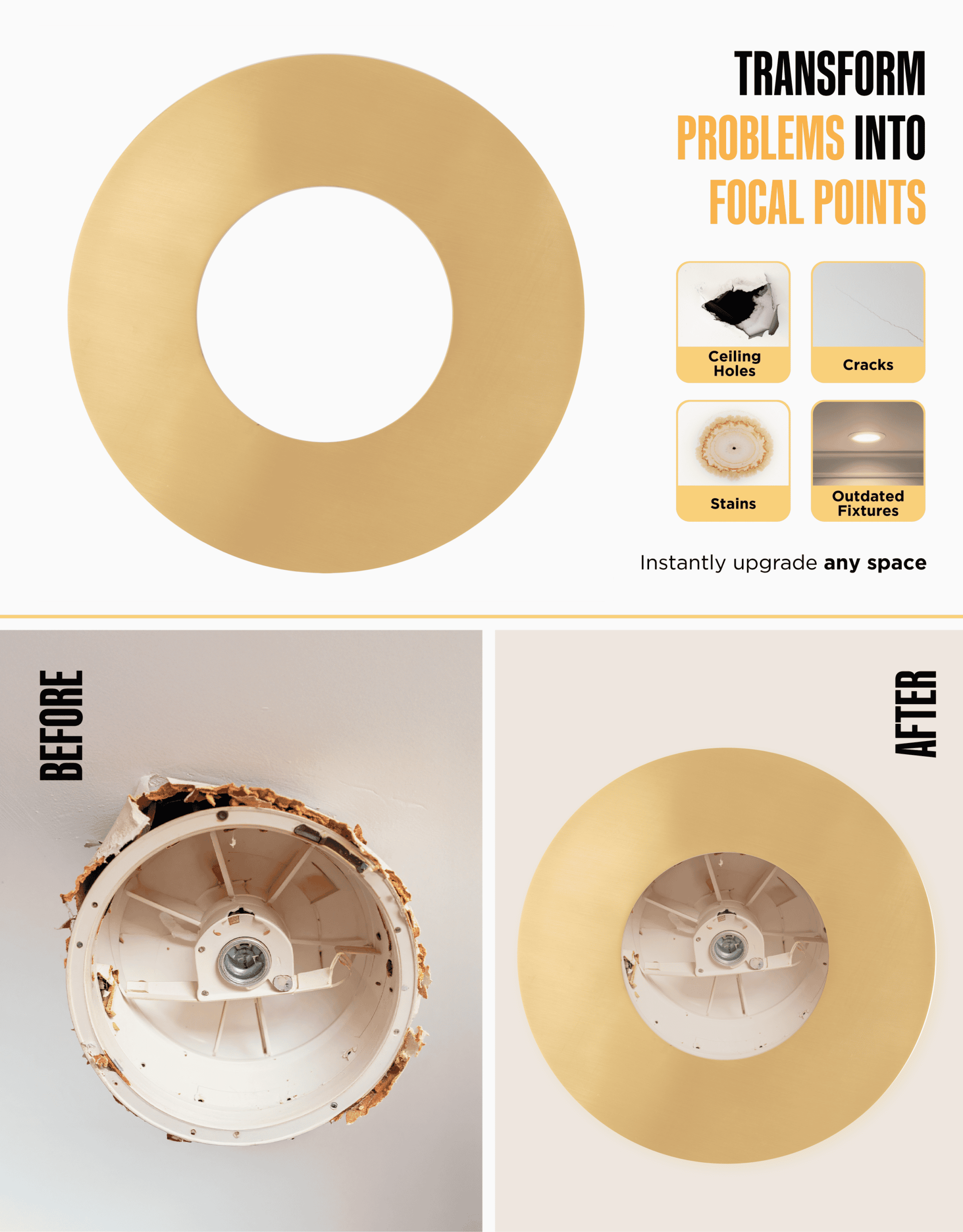 The Can Converter Ceiling Medallion for Recessed Can Light – Home Improvement Decorative Steel Flat Goof Ring & Cover Plate for 5" & 6" Cans, Small Ceiling Medallion for Chandeliers, Brushed Brass - Image 3