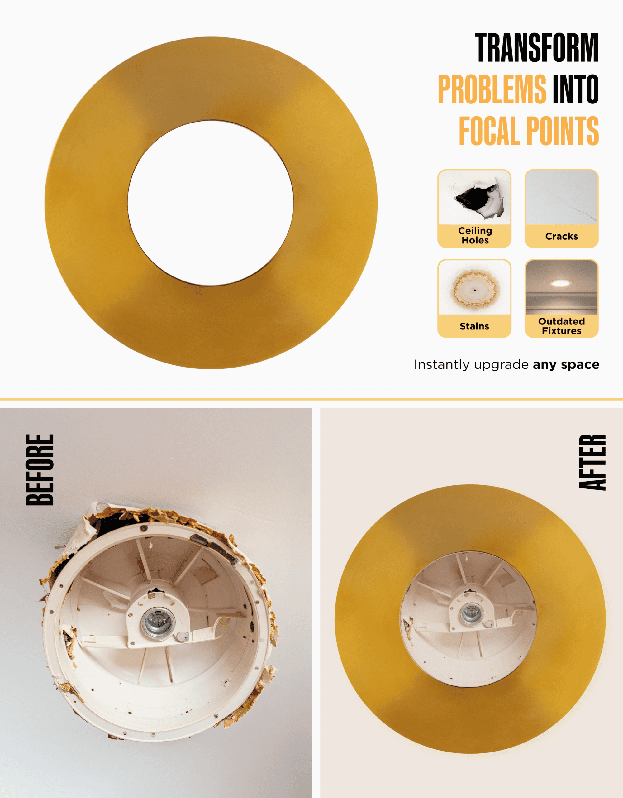 The Can Converter Ceiling Medallion for Recessed Can Light – Home Improvement Decorative Steel Flat Goof Ring & Cover Plate for 5" & 6" Cans, Small Ceiling Medallion for Chandeliers, Polished Gold - Image 3