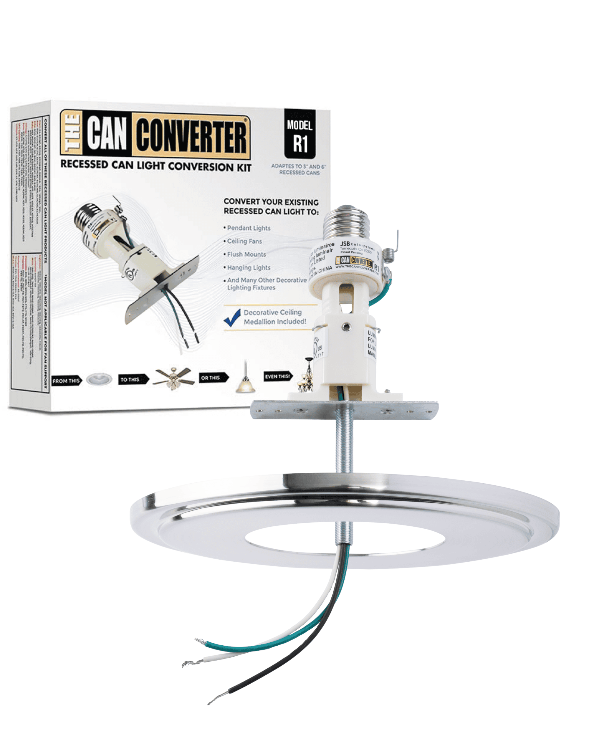 The Can Converter R1 Recessed Can Light Conversion Kit w/ 8¼" Beveled Ceiling Medallion - Home Improvement for 4", 5" & 6" Cans, Fan & Light Fixture Converter Kit, UL Certified, Polished Nickel