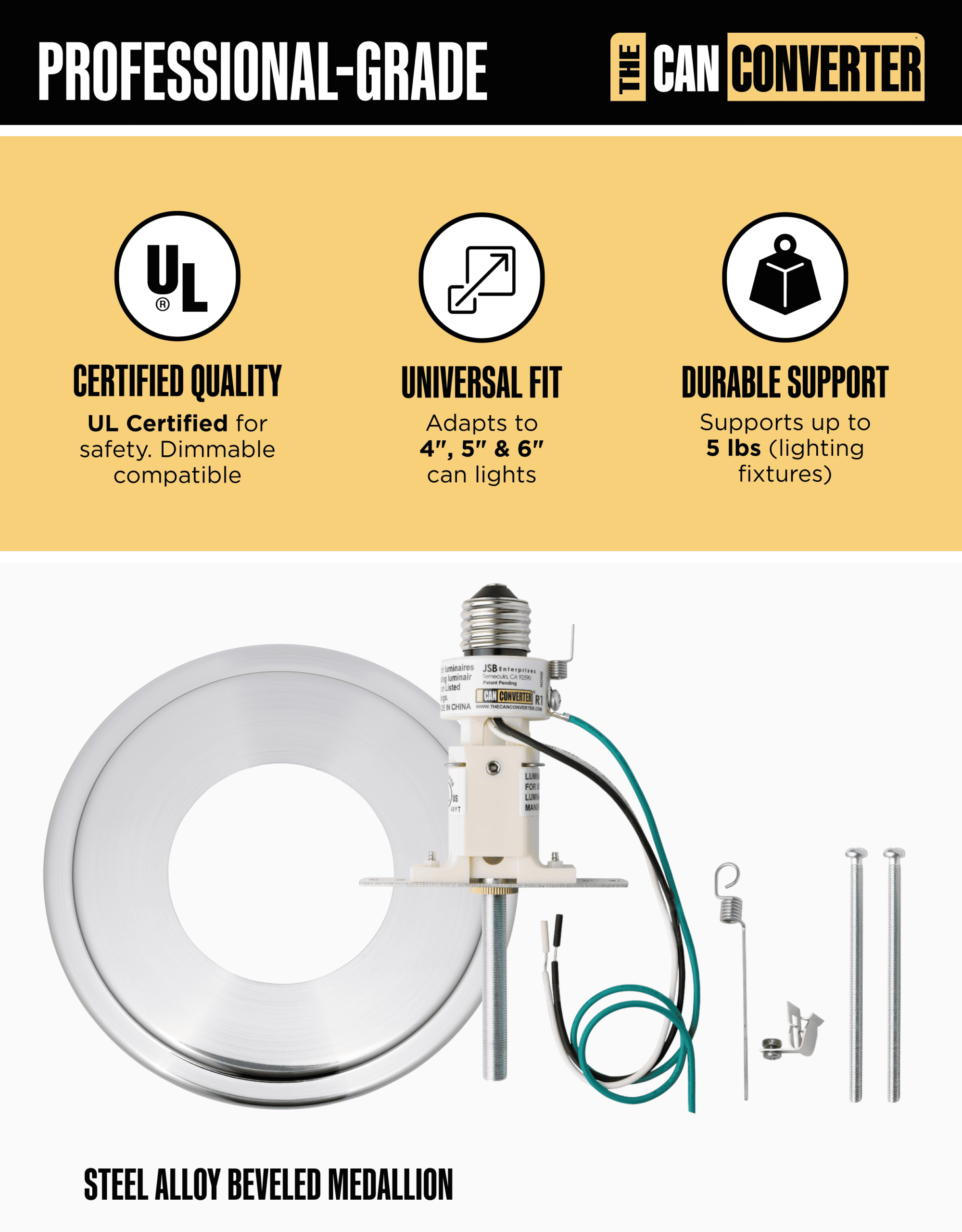 The Can Converter R1 Recessed Can Light Conversion Kit w/ 8¼" Beveled Ceiling Medallion - Home Improvement for 4", 5" & 6" Cans, Fan & Light Fixture Converter Kit, UL Certified, Polished Nickel - Image 3