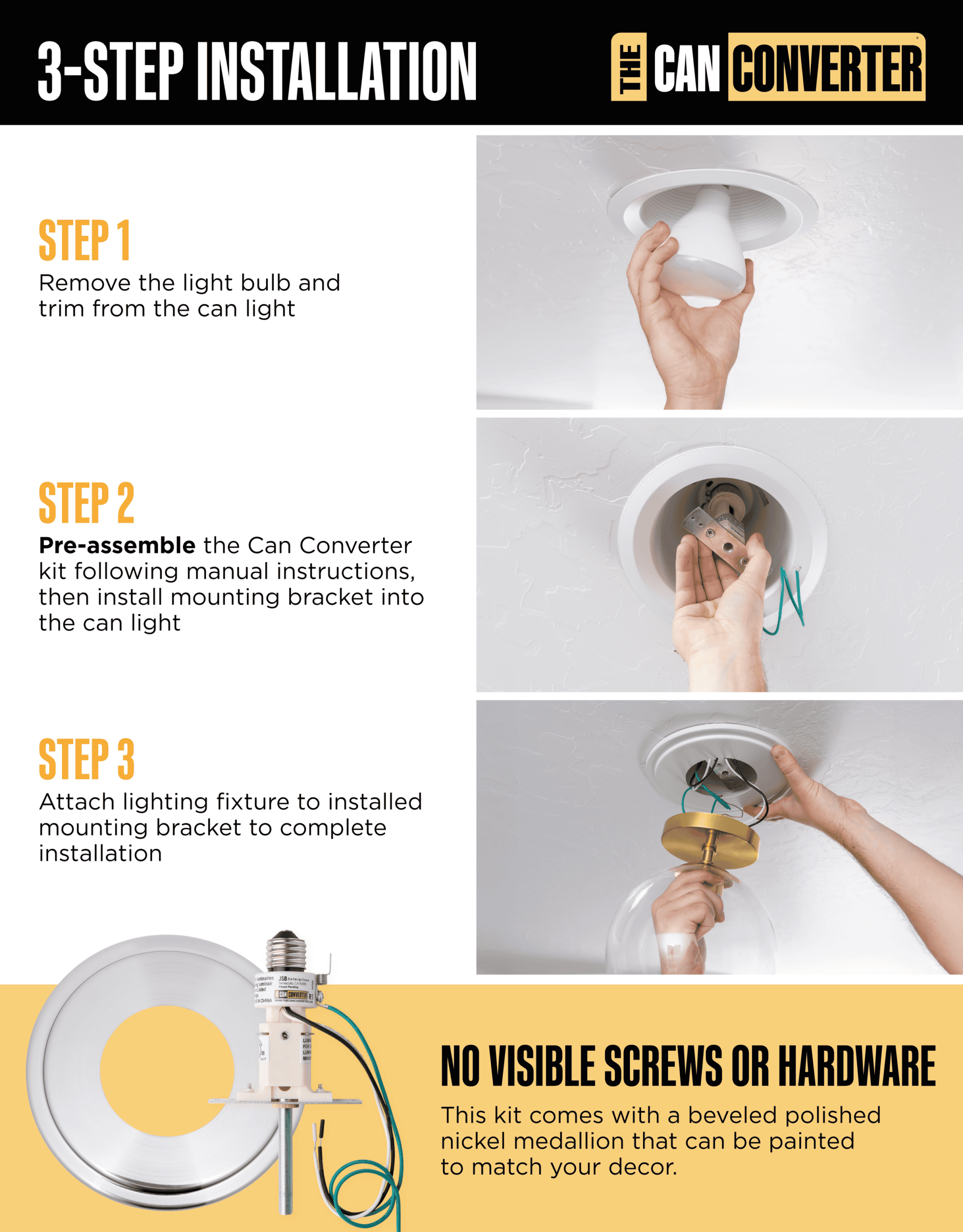 The Can Converter R1 Recessed Can Light Conversion Kit w/ 8¼" Beveled Ceiling Medallion - Home Improvement for 4", 5" & 6" Cans, Fan & Light Fixture Converter Kit, UL Certified, Polished Nickel - Image 4