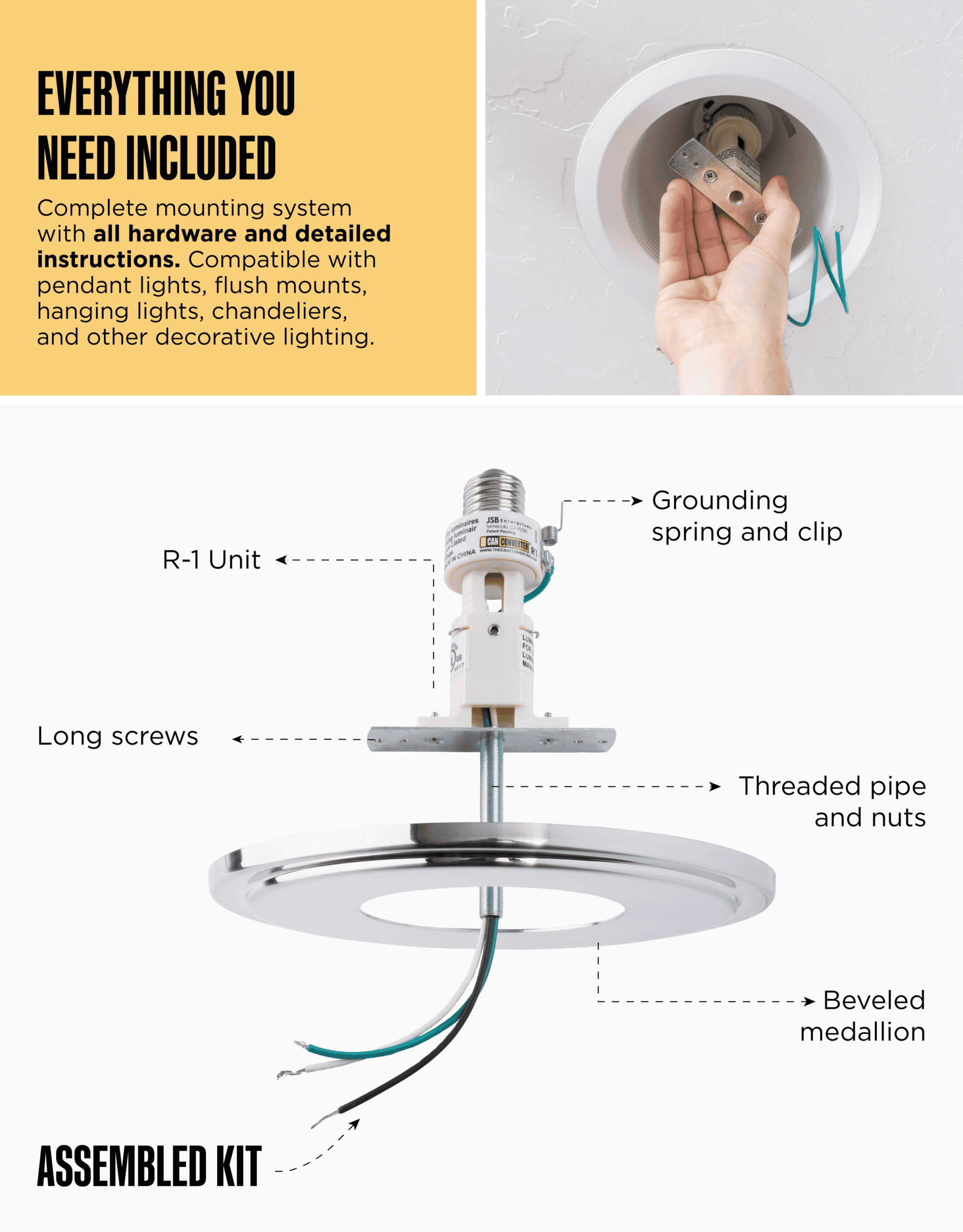 The Can Converter R1 Recessed Can Light Conversion Kit w/ 8¼" Beveled Ceiling Medallion - Home Improvement for 4", 5" & 6" Cans, Fan & Light Fixture Converter Kit, UL Certified, Polished Nickel - Image 5