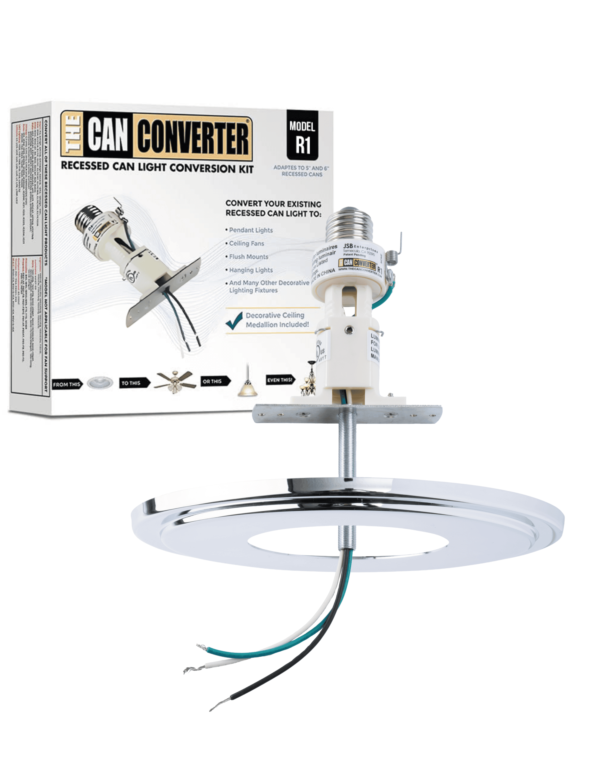 The Can Converter R1 Recessed Can Light Conversion Kit w/ 8¼" Beveled Ceiling Medallion - Home Improvement for 4", 5" & 6" Cans, Fan & Light Fixture Converter Kit, UL Certified, Polished Chrome
