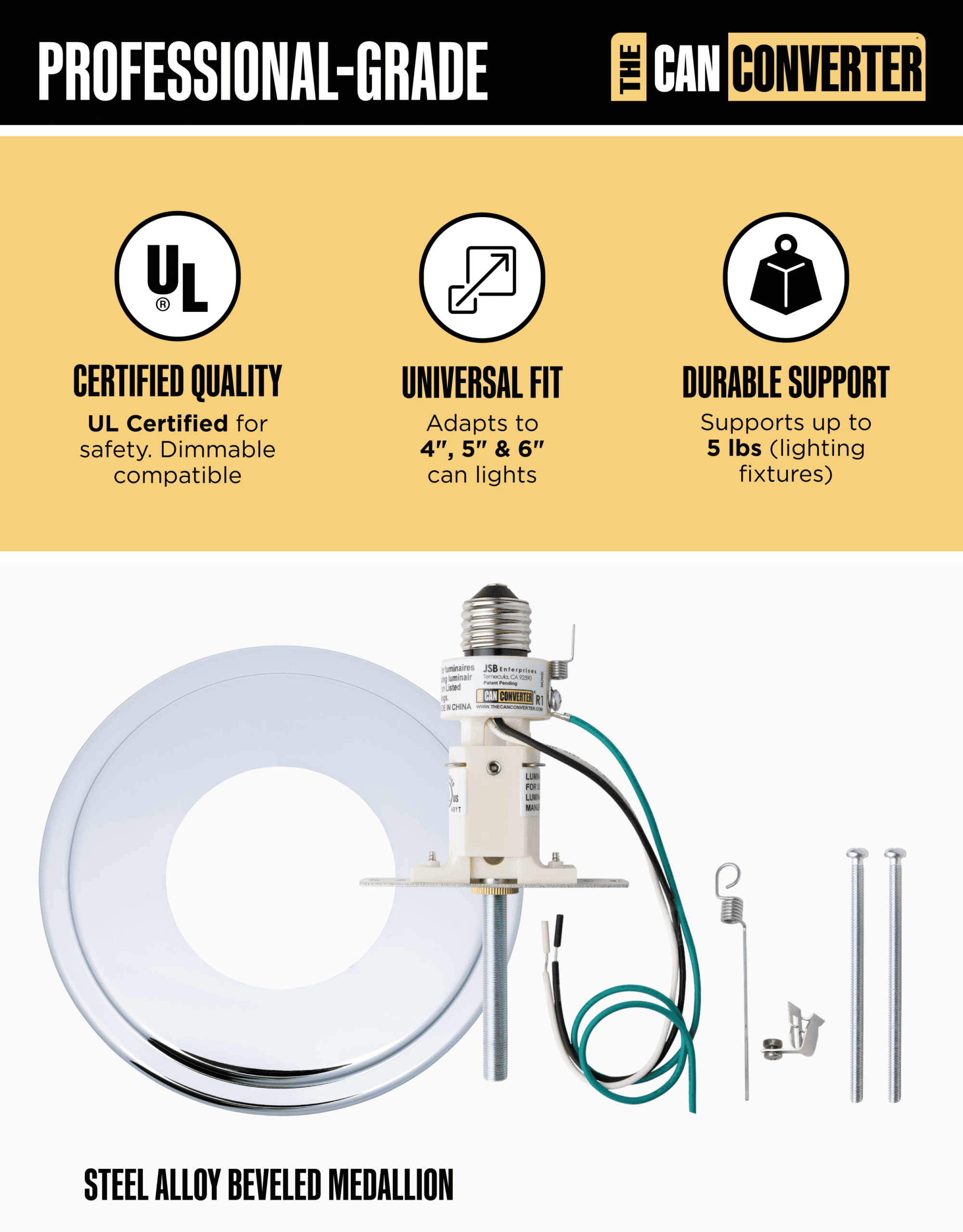 The Can Converter R1 Recessed Can Light Conversion Kit w/ 8¼" Beveled Ceiling Medallion - Home Improvement for 4", 5" & 6" Cans, Fan & Light Fixture Converter Kit, UL Certified, Polished Chrome - Image 3