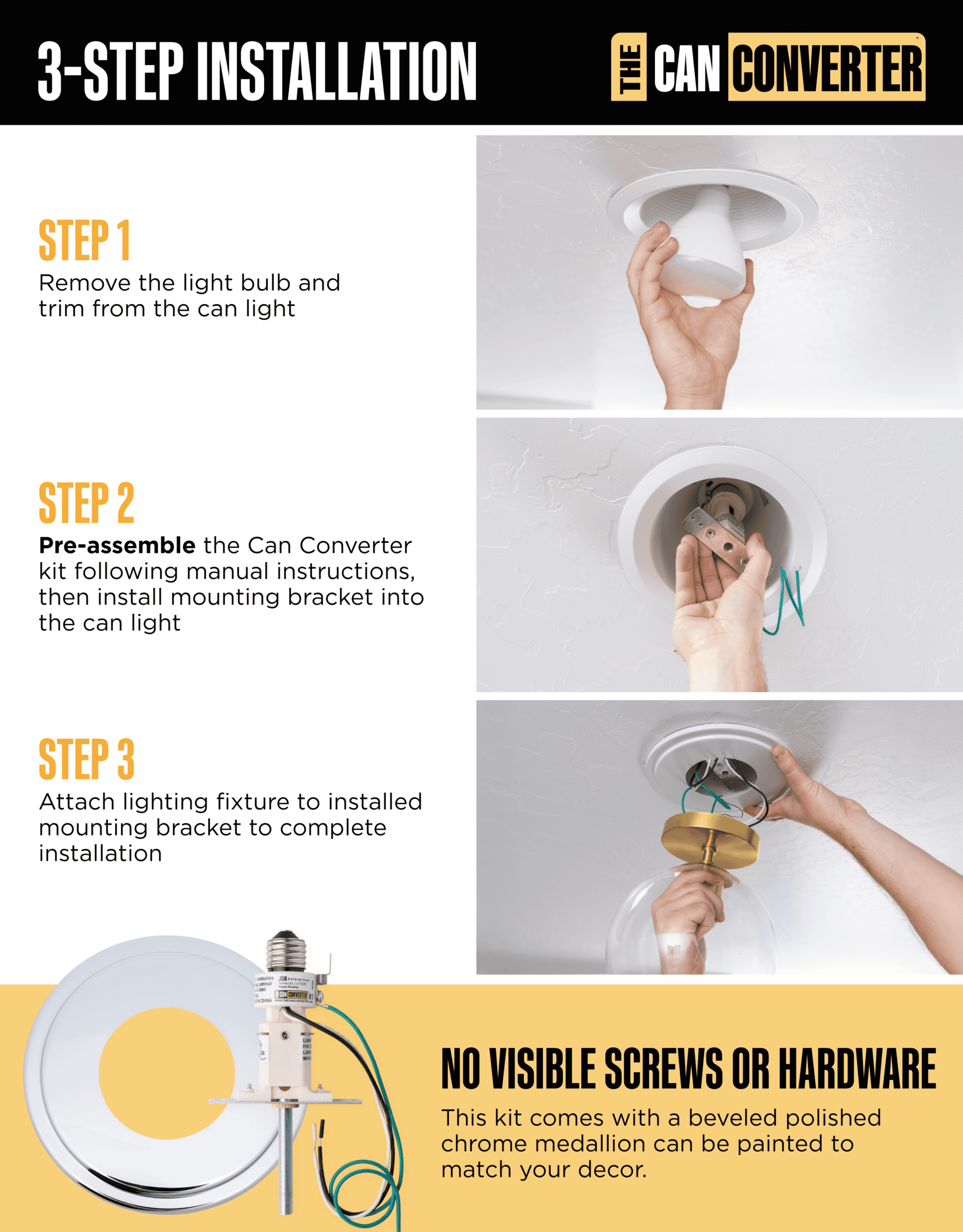 The Can Converter R1 Recessed Can Light Conversion Kit w/ 8¼" Beveled Ceiling Medallion - Home Improvement for 4", 5" & 6" Cans, Fan & Light Fixture Converter Kit, UL Certified, Polished Chrome - Image 4