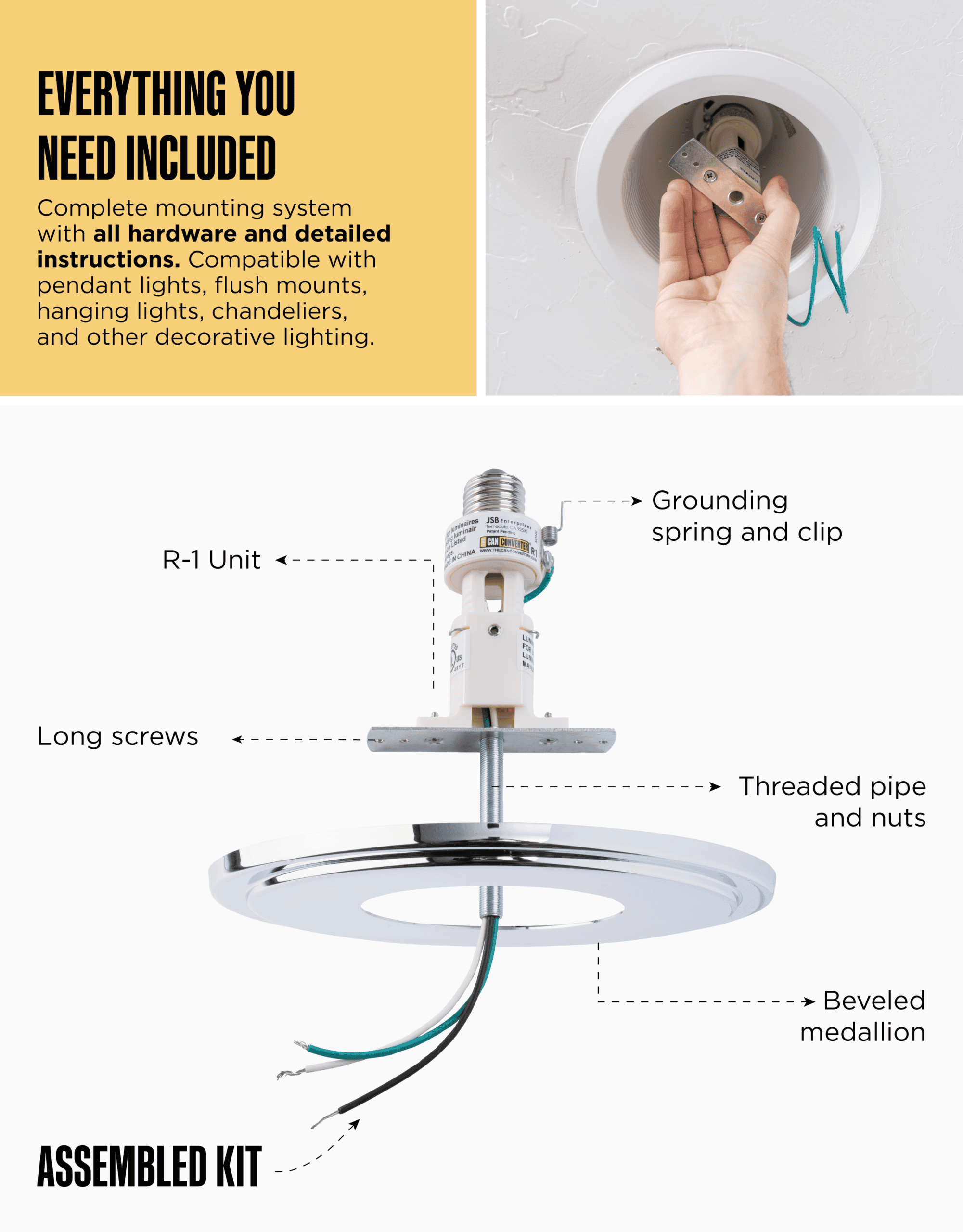 The Can Converter R1 Recessed Can Light Conversion Kit w/ 8¼" Beveled Ceiling Medallion - Home Improvement for 4", 5" & 6" Cans, Fan & Light Fixture Converter Kit, UL Certified, Polished Chrome - Image 5