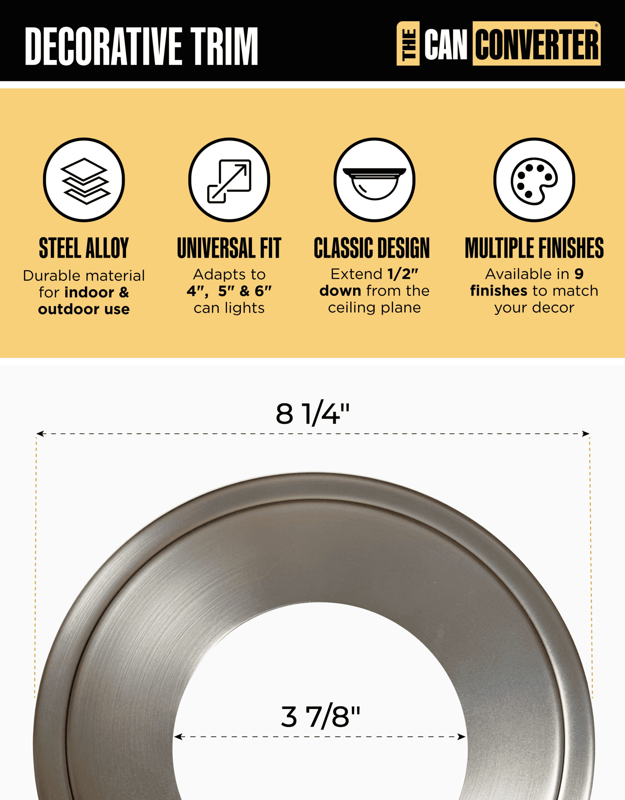 The Can Converter Ceiling Medallion for Recessed Can Light – Home Improvement Decorative Steel Goof Ring & Cover Plate for 4’’, 5’’ & 6″ Cans, Small Ceiling Medallion for Chandeliers, Brushed Nickel - Image 3