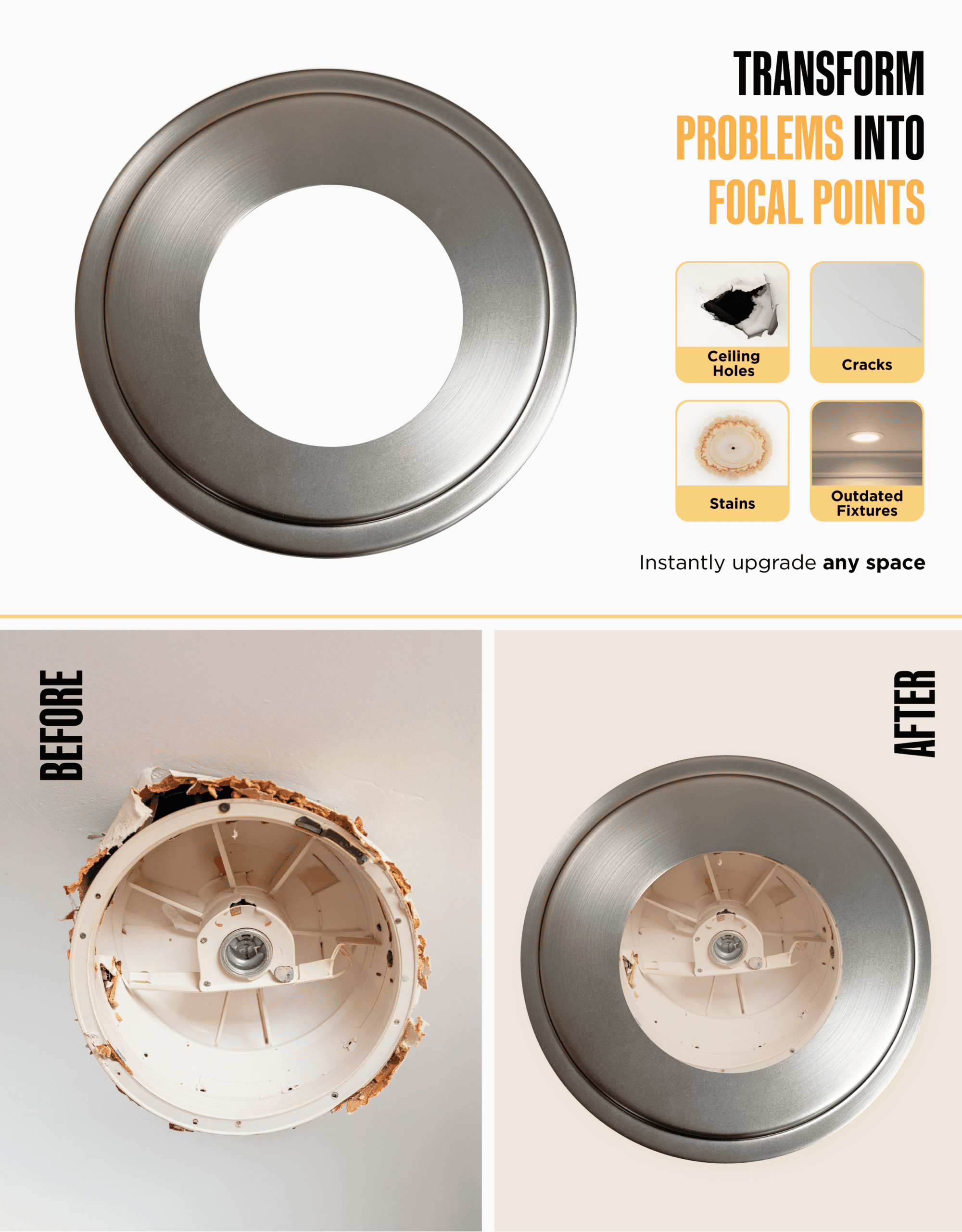 The Can Converter Ceiling Medallion for Recessed Can Light – Home Improvement Decorative Steel Goof Ring & Cover Plate for 4’’, 5’’ & 6″ Cans, Small Ceiling Medallion for Chandeliers, Brushed Nickel - Image 4