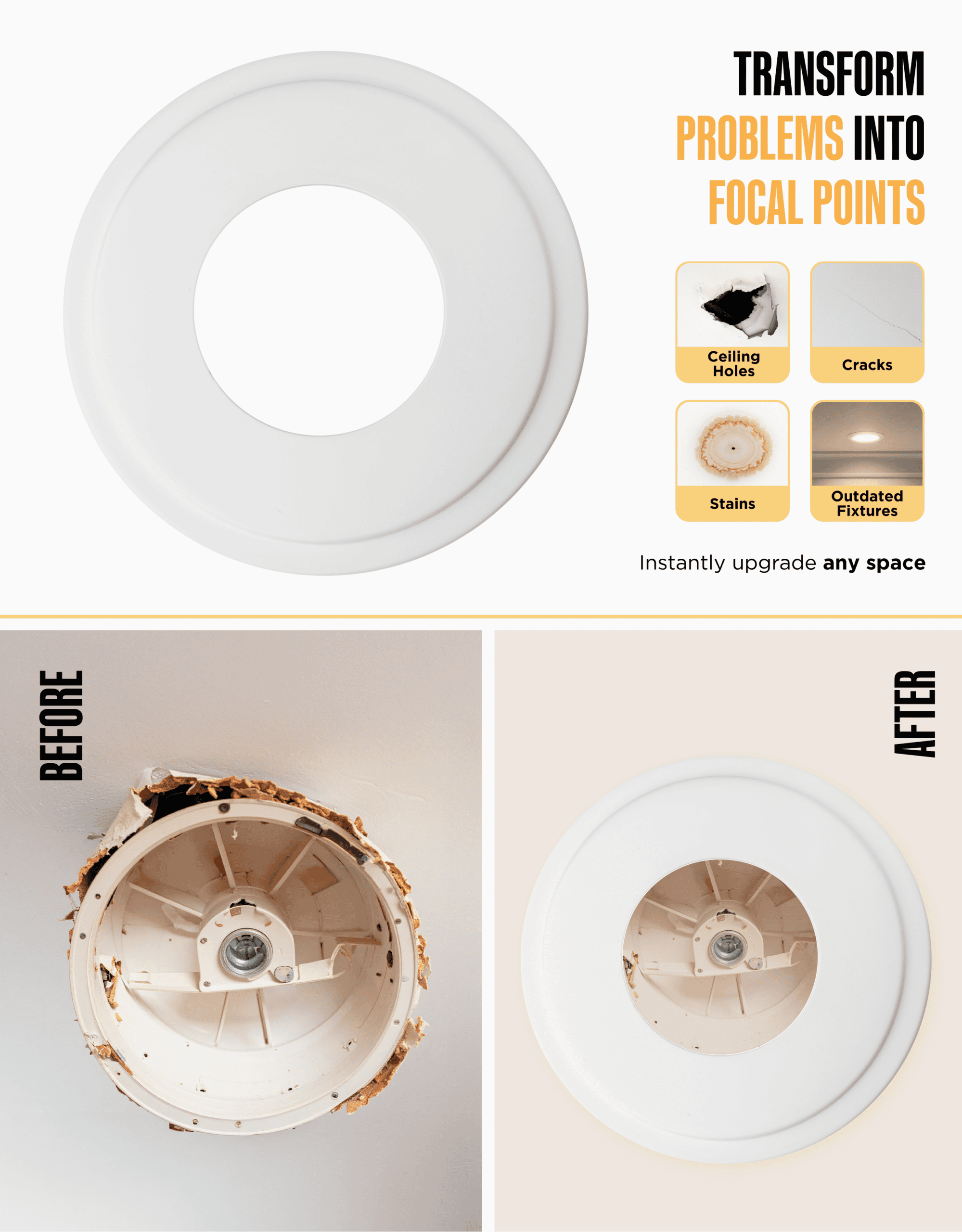 The Can Converter Ceiling Medallion for Recessed Can Light – Home Improvement Decorative Steel Goof Ring & Cover Plate for 4’’, 5’’ & 6″ Cans, Small Ceiling Medallion for Chandeliers, White - Image 4
