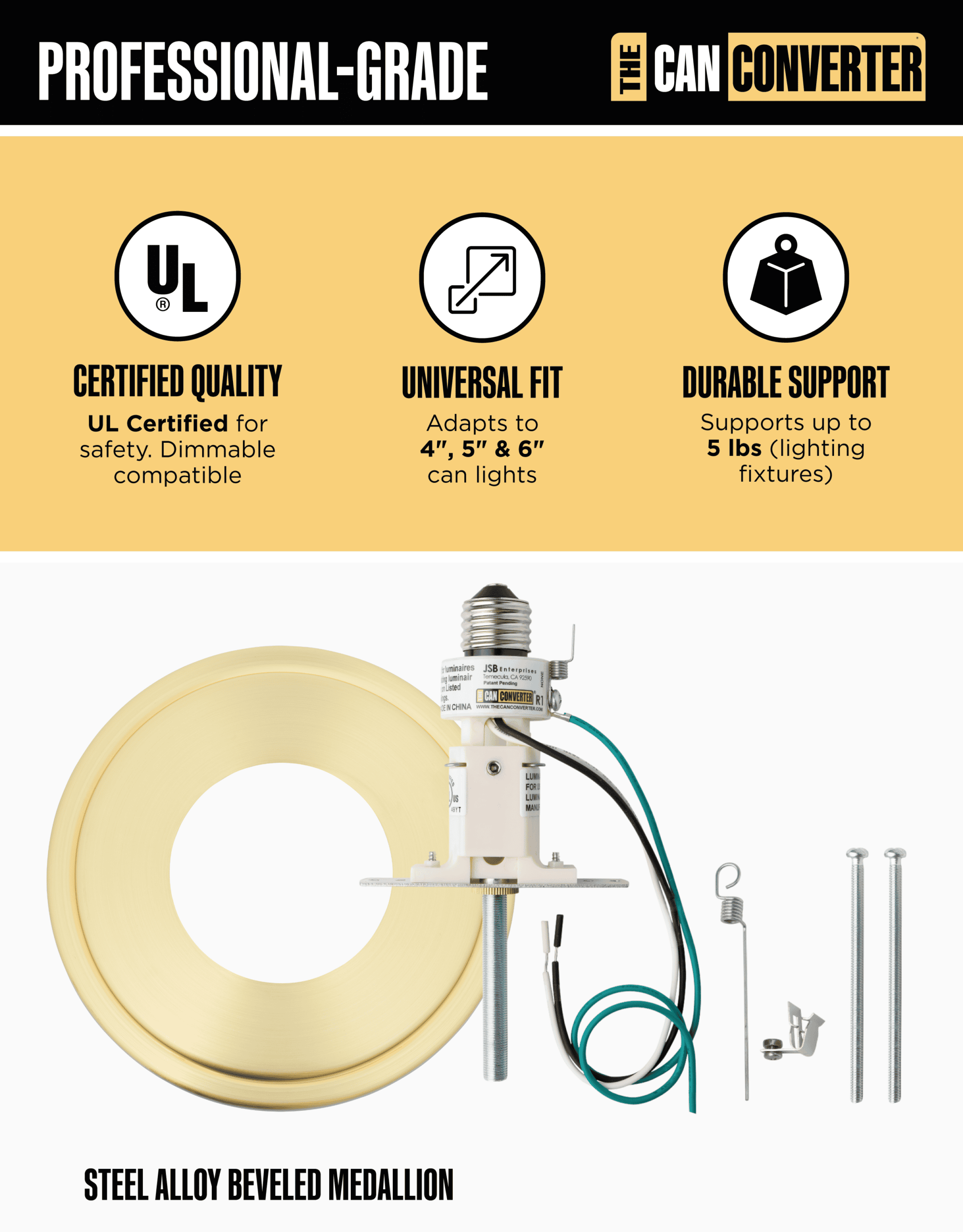 The Can Converter R1 Recessed Can Light Conversion Kit w/ 8¼" Steel Beveled Ceiling Medallion - Home Improvement for 4", 5" & 6" Cans, Fan & Light Fixture Converter Kit, UL Certified, Brushed Brass - Image 3