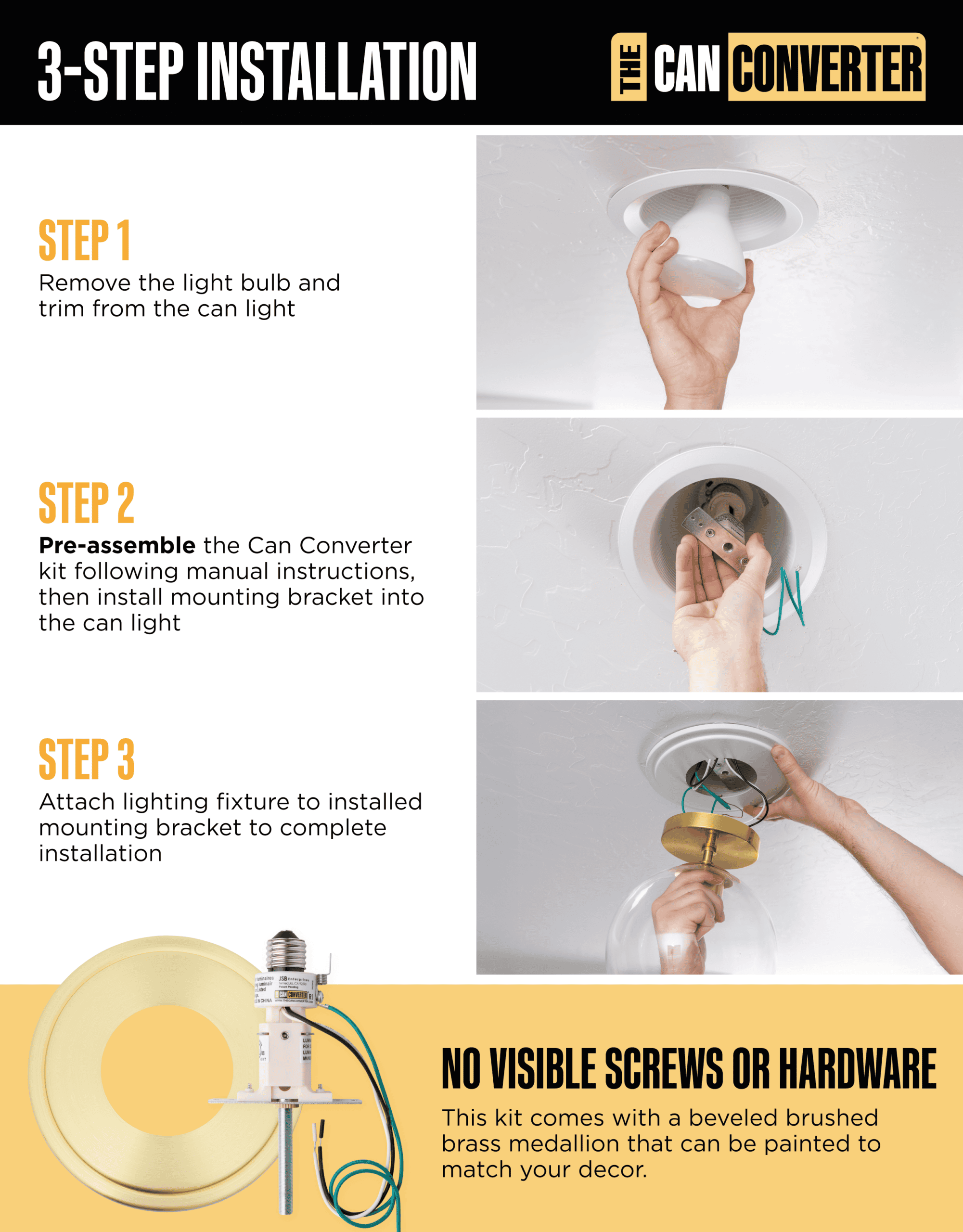 The Can Converter R1 Recessed Can Light Conversion Kit w/ 8¼" Steel Beveled Ceiling Medallion - Home Improvement for 4", 5" & 6" Cans, Fan & Light Fixture Converter Kit, UL Certified, Brushed Brass - Image 4
