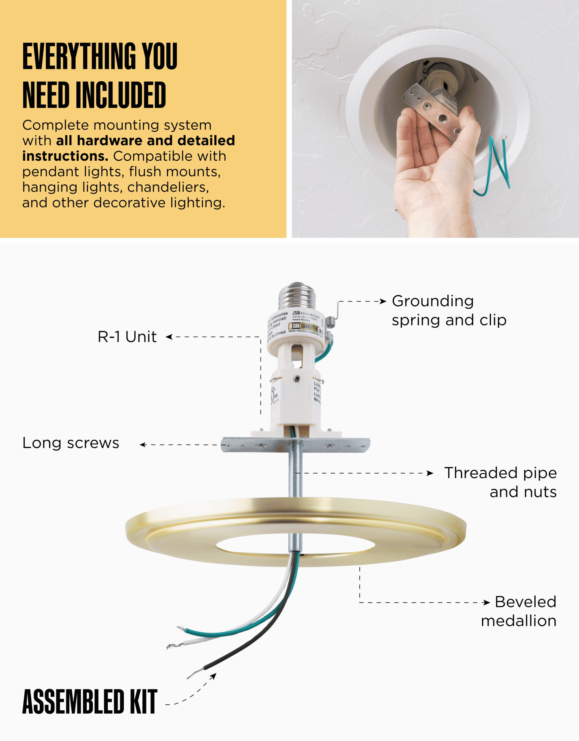 The Can Converter R1 Recessed Can Light Conversion Kit w/ 8¼" Steel Beveled Ceiling Medallion - Home Improvement for 4", 5" & 6" Cans, Fan & Light Fixture Converter Kit, UL Certified, Brushed Brass - Image 5