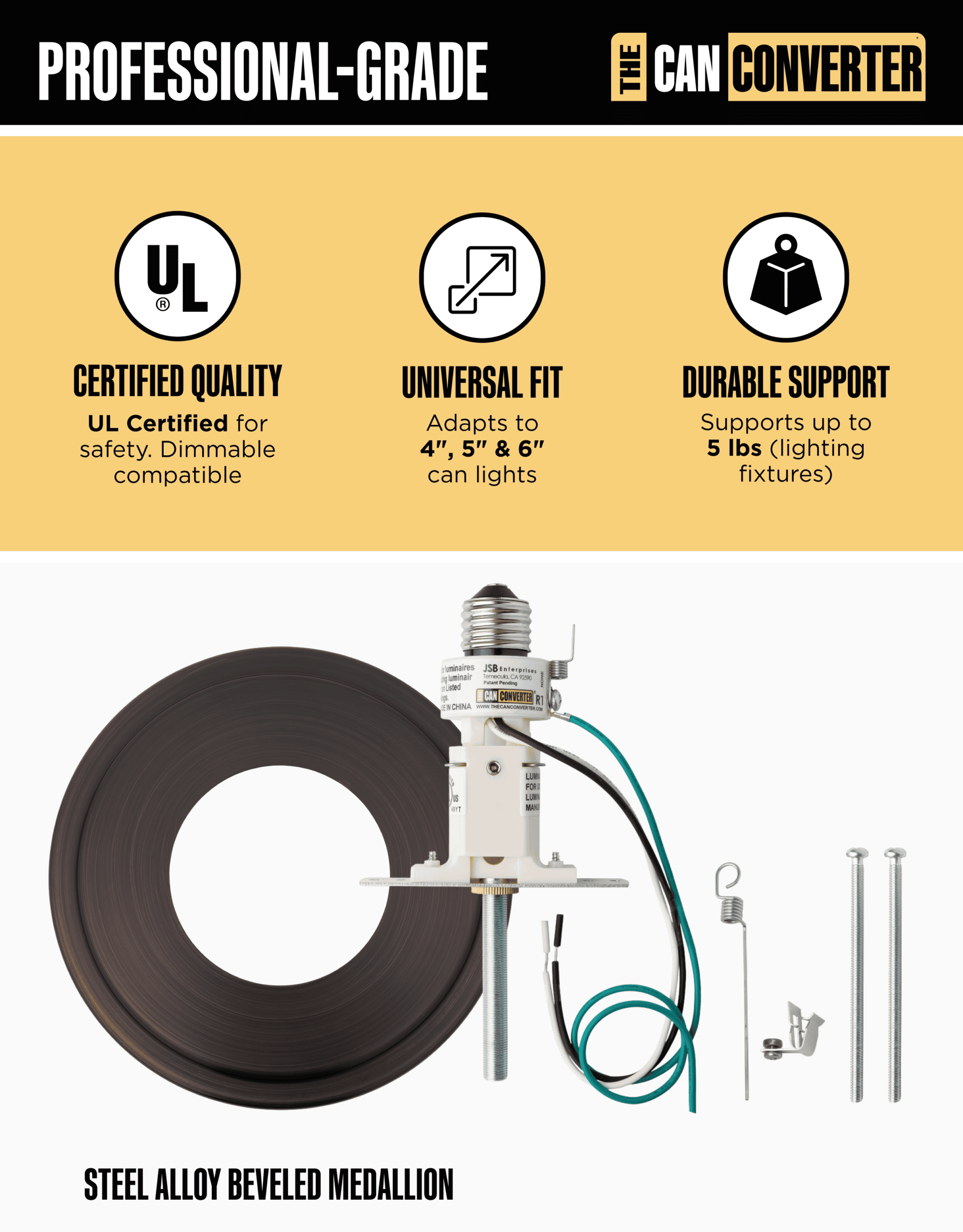 The Can Converter R1 Recessed Can Light Conversion Kit w/ 8¼" Beveled Ceiling Medallion - Home Improvement for 4", 5" & 6" Cans, Fan & Light Fixture Converter Kit, UL Certified, Oil Rubbed Bronze - Image 3
