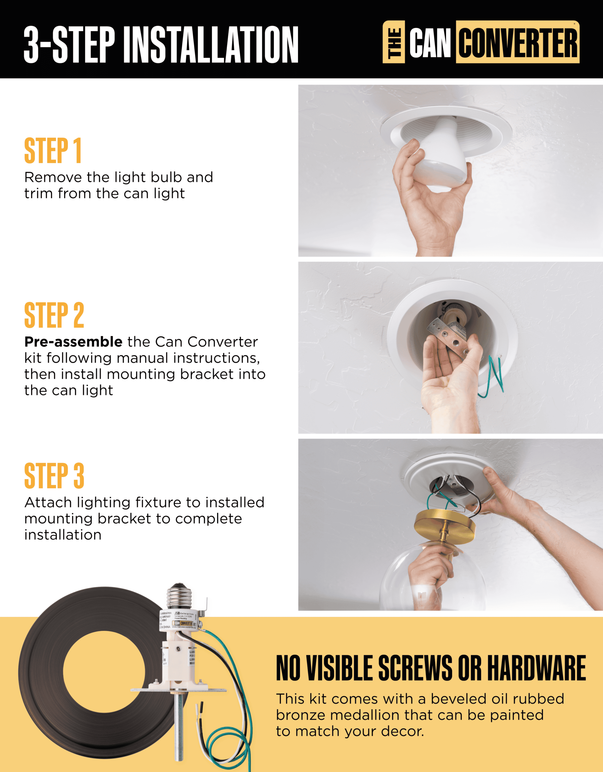 The Can Converter R1 Recessed Can Light Conversion Kit w/ 8¼" Beveled Ceiling Medallion - Home Improvement for 4", 5" & 6" Cans, Fan & Light Fixture Converter Kit, UL Certified, Oil Rubbed Bronze - Image 5