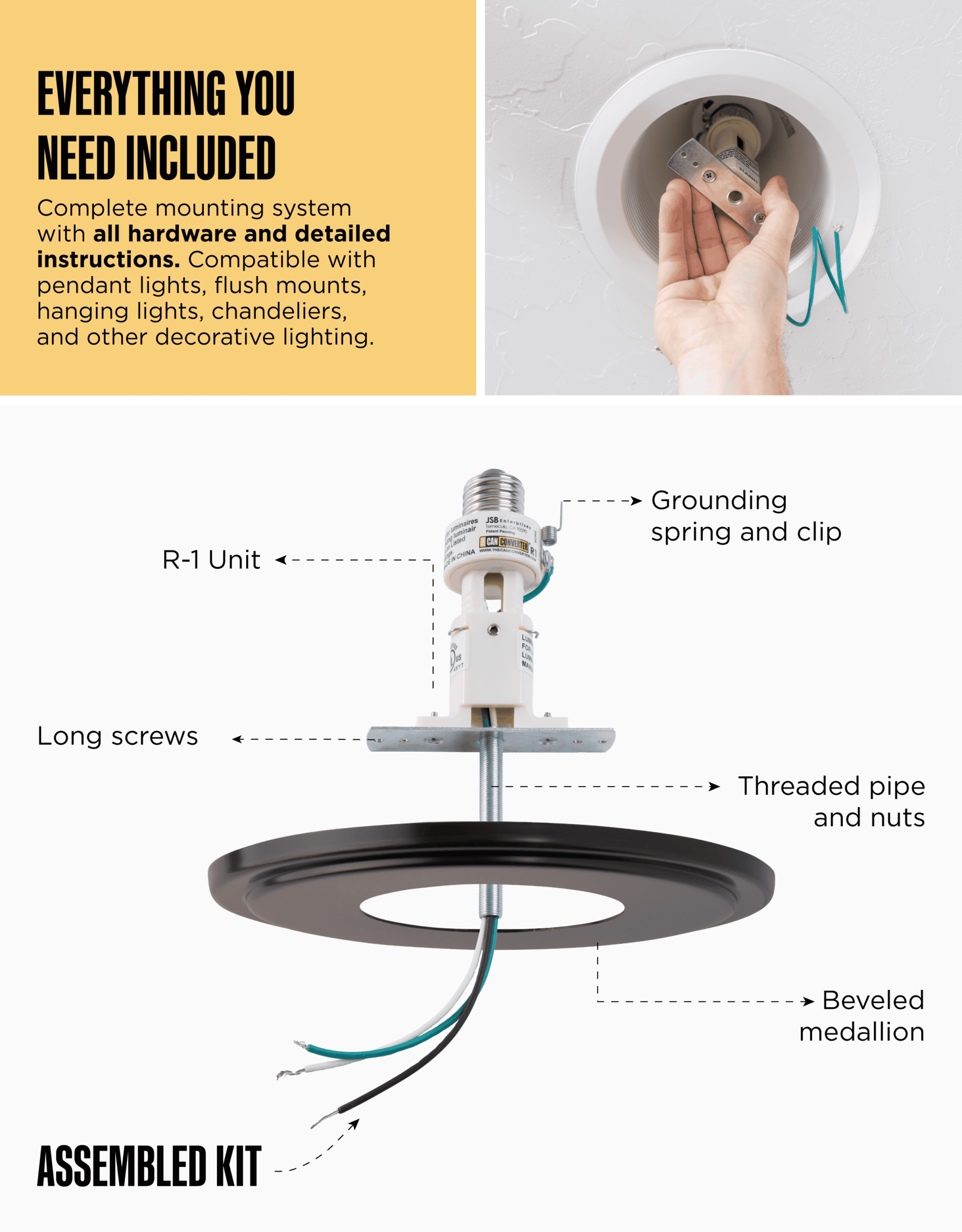 The Can Converter R1 Recessed Can Light Conversion Kit w/ 8¼" Beveled Ceiling Medallion - Home Improvement for 4", 5" & 6" Cans, Fan & Light Fixture Converter Kit, UL Certified, Oil Rubbed Bronze - Image 6