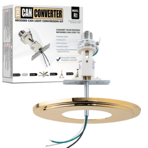 The Can Converter R1 Recessed Can Light Conversion Kit w/ 8¼" Steel Beveled Ceiling Medallion - Home Improvement for 4", 5" & 6" Cans, Fan & Light Fixture Converter Kit, UL Certified, Polished Gold
