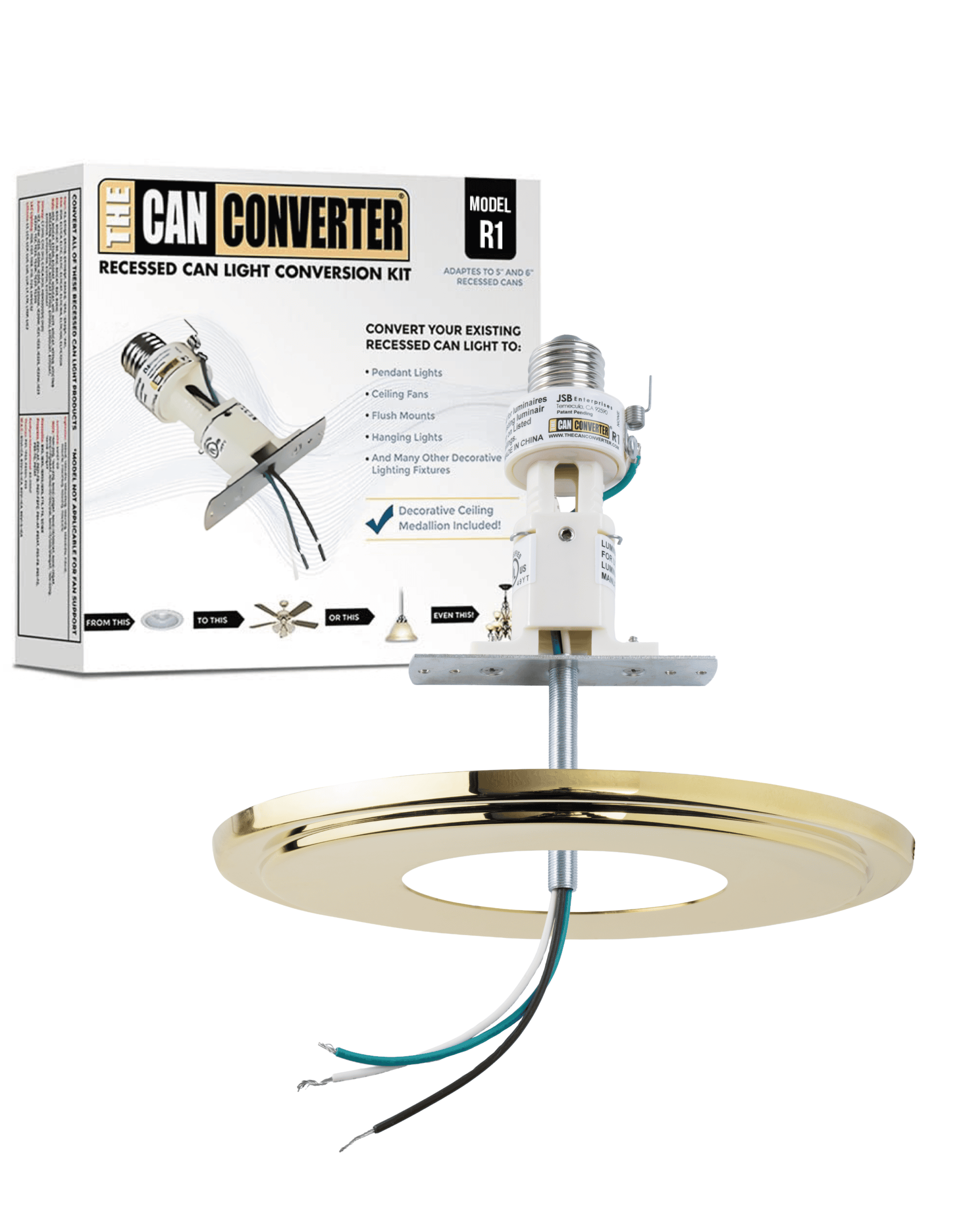 The Can Converter R1 Recessed Can Light Conversion Kit w/ 8¼" Steel Beveled Ceiling Medallion - Home Improvement for 4", 5" & 6" Cans, Fan & Light Fixture Converter Kit, UL Certified, Polished Brass