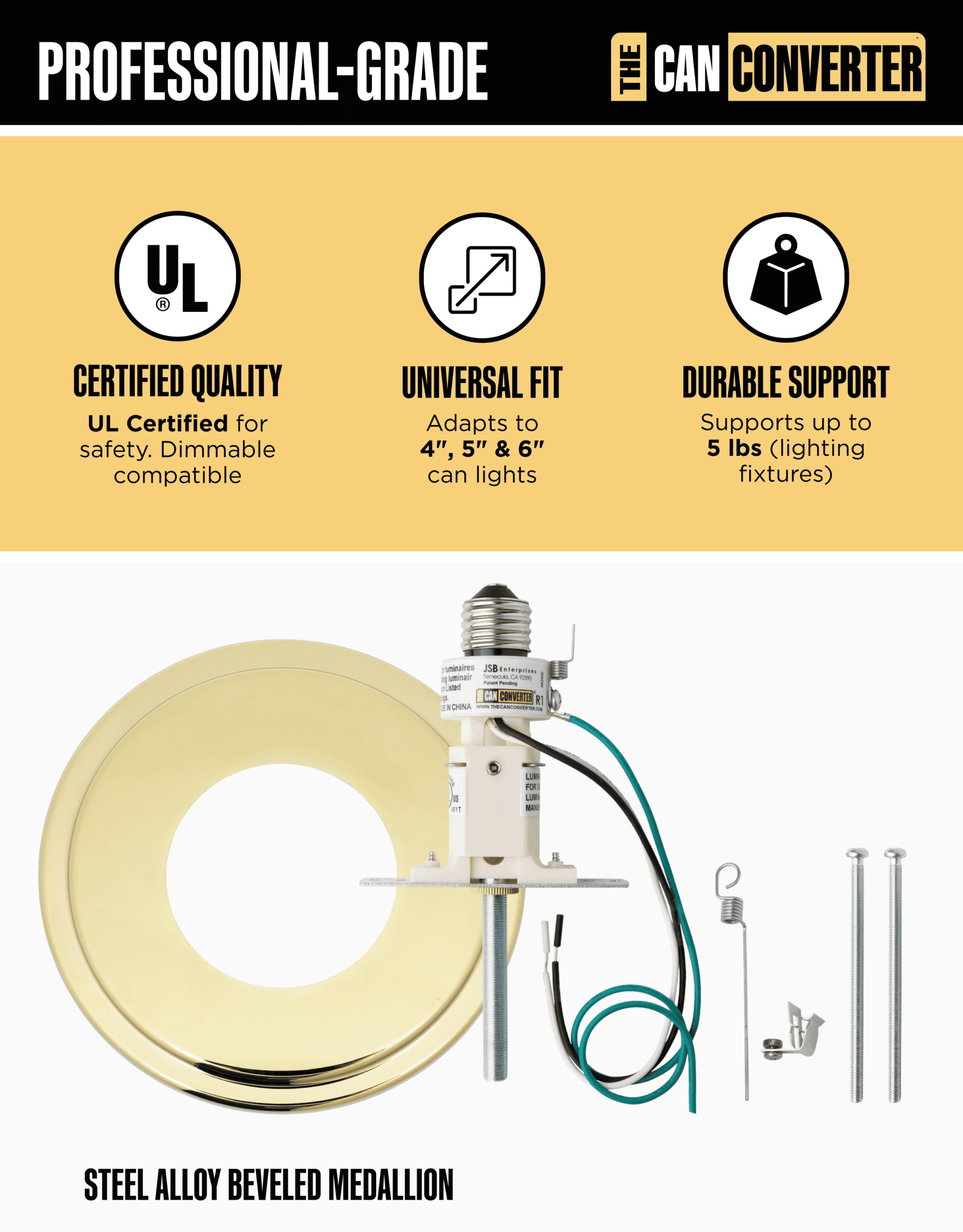 The Can Converter R1 Recessed Can Light Conversion Kit w/ 8¼" Steel Beveled Ceiling Medallion - Home Improvement for 4", 5" & 6" Cans, Fan & Light Fixture Converter Kit, UL Certified, Polished Brass - Image 3