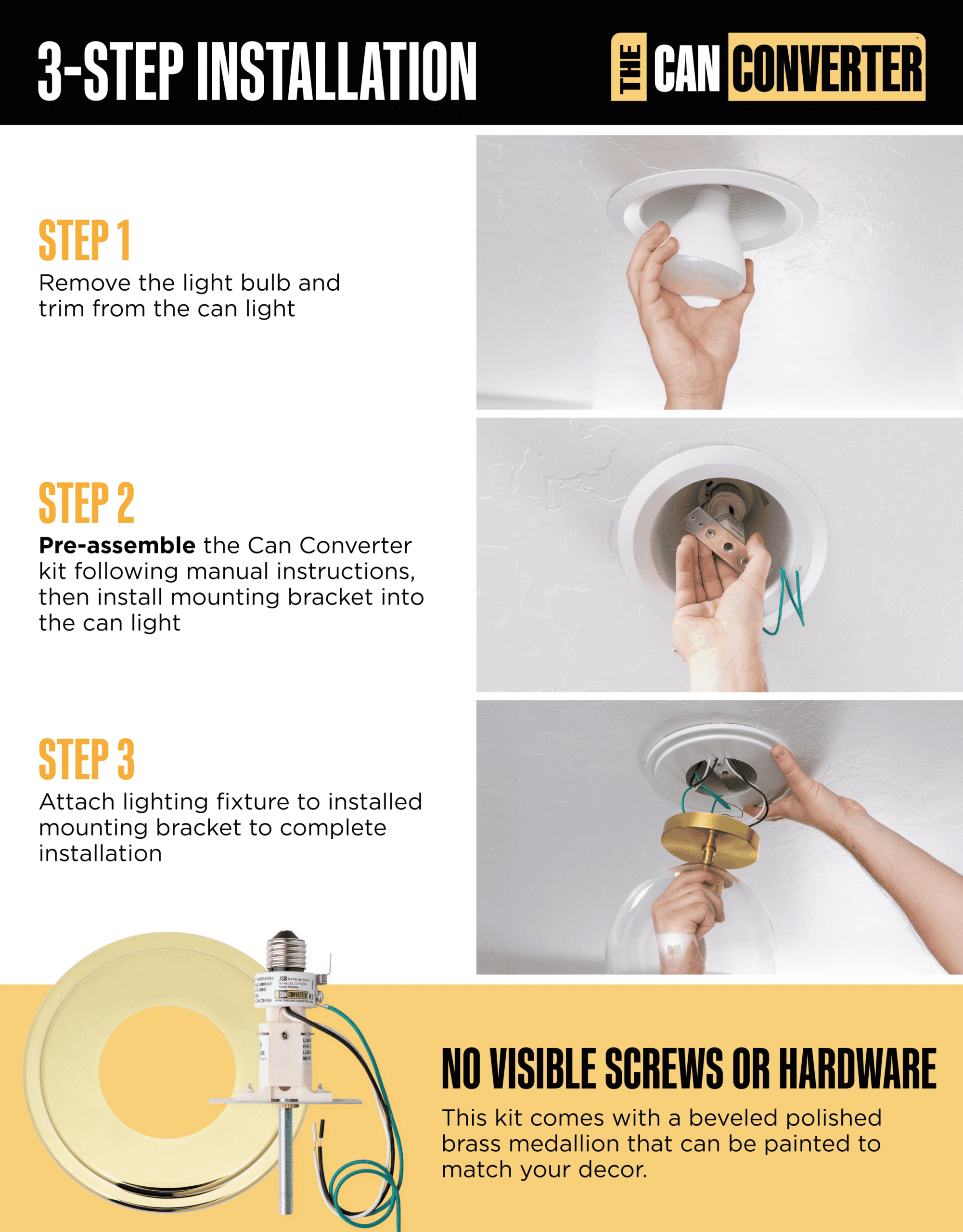 The Can Converter R1 Recessed Can Light Conversion Kit w/ 8¼" Steel Beveled Ceiling Medallion - Home Improvement for 4", 5" & 6" Cans, Fan & Light Fixture Converter Kit, UL Certified, Polished Brass - Image 4