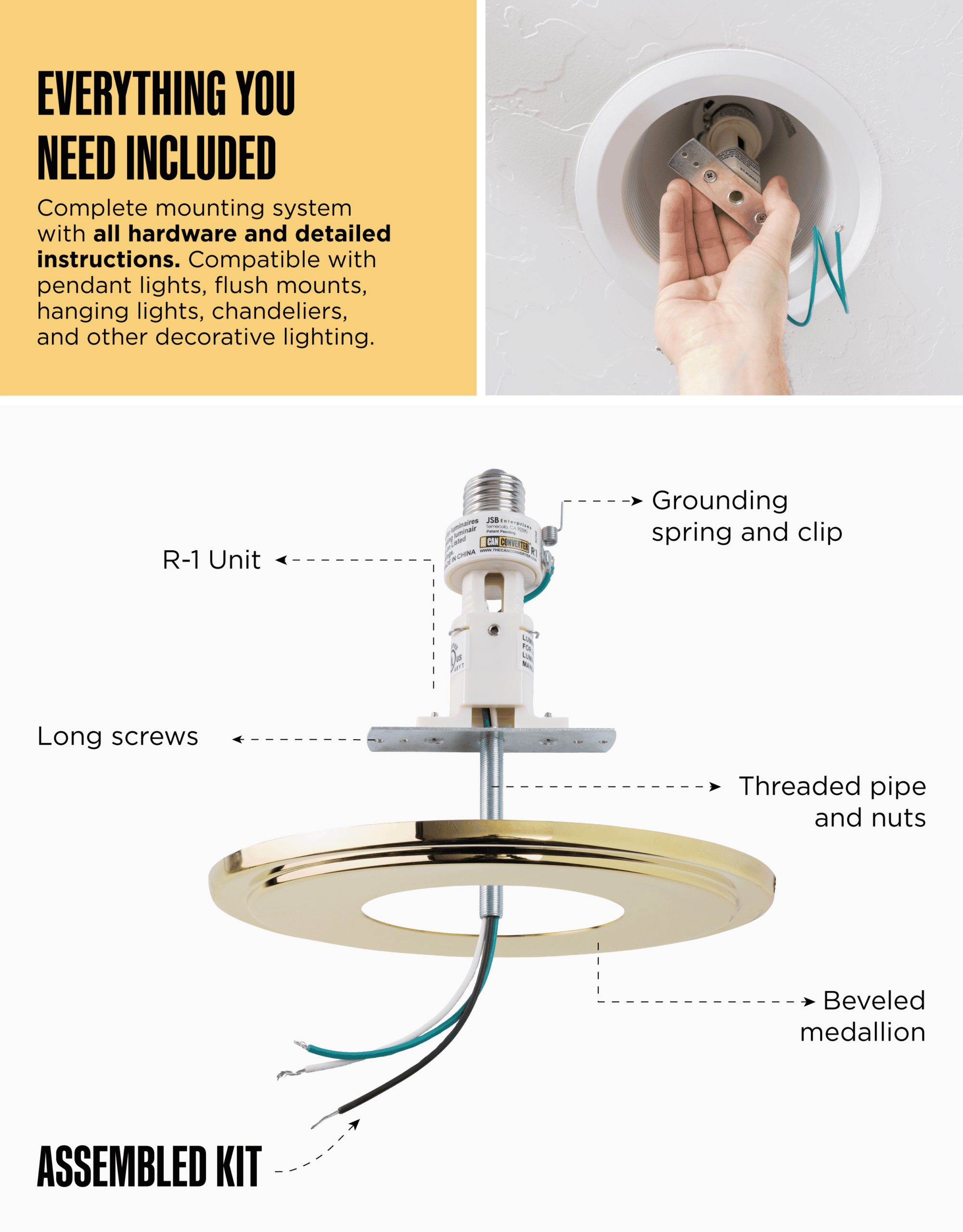 The Can Converter R1 Recessed Can Light Conversion Kit w/ 8¼" Steel Beveled Ceiling Medallion - Home Improvement for 4", 5" & 6" Cans, Fan & Light Fixture Converter Kit, UL Certified, Polished Brass - Image 5
