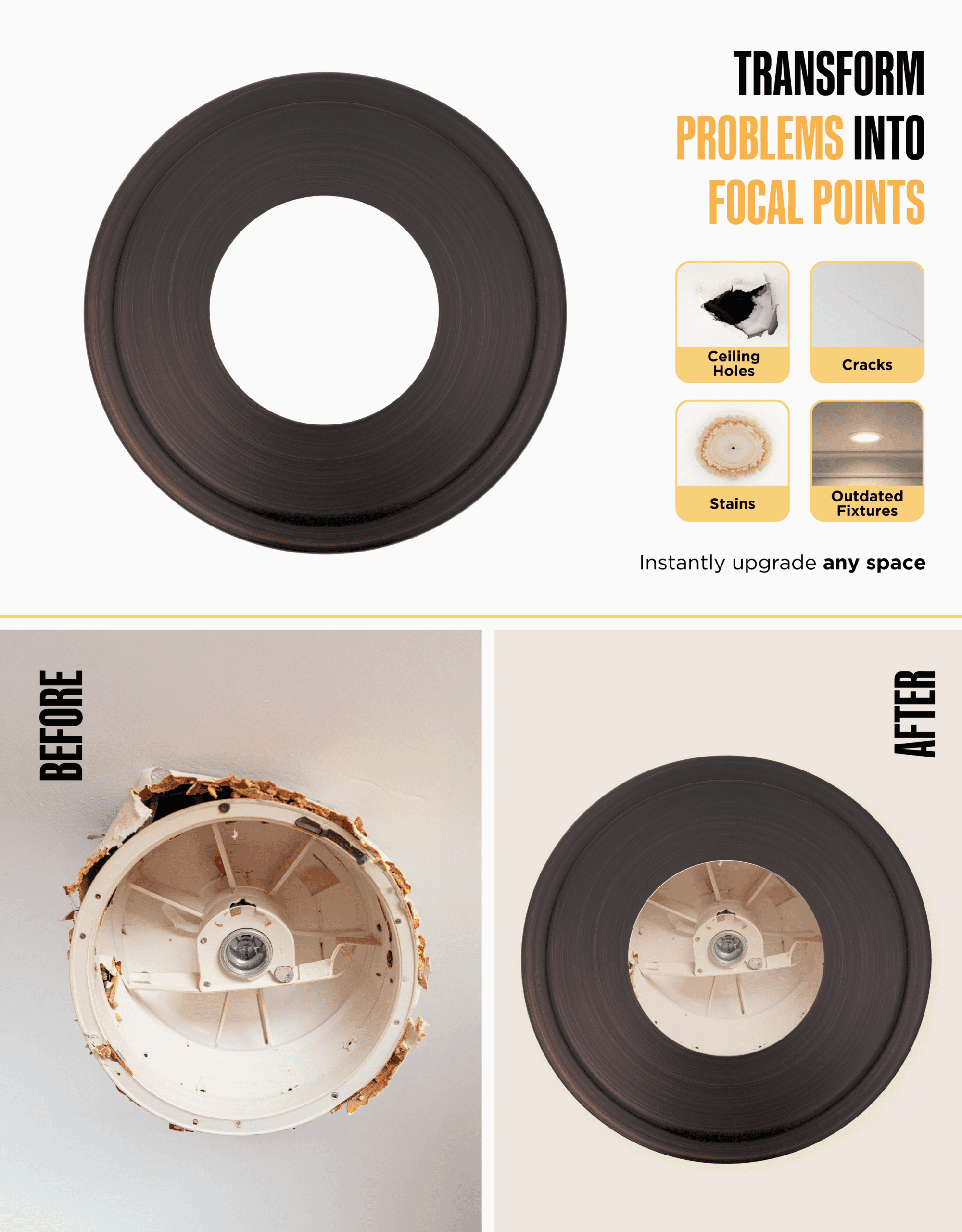 The Can Converter Ceiling Medallion for Recessed Can Light – Home Improvement Decorative Goof Ring & Cover Plate for 4’’, 5’’ & 6″ Cans, Small Ceiling Medallion for Chandeliers, Oil Rubbed Bronze - Image 4