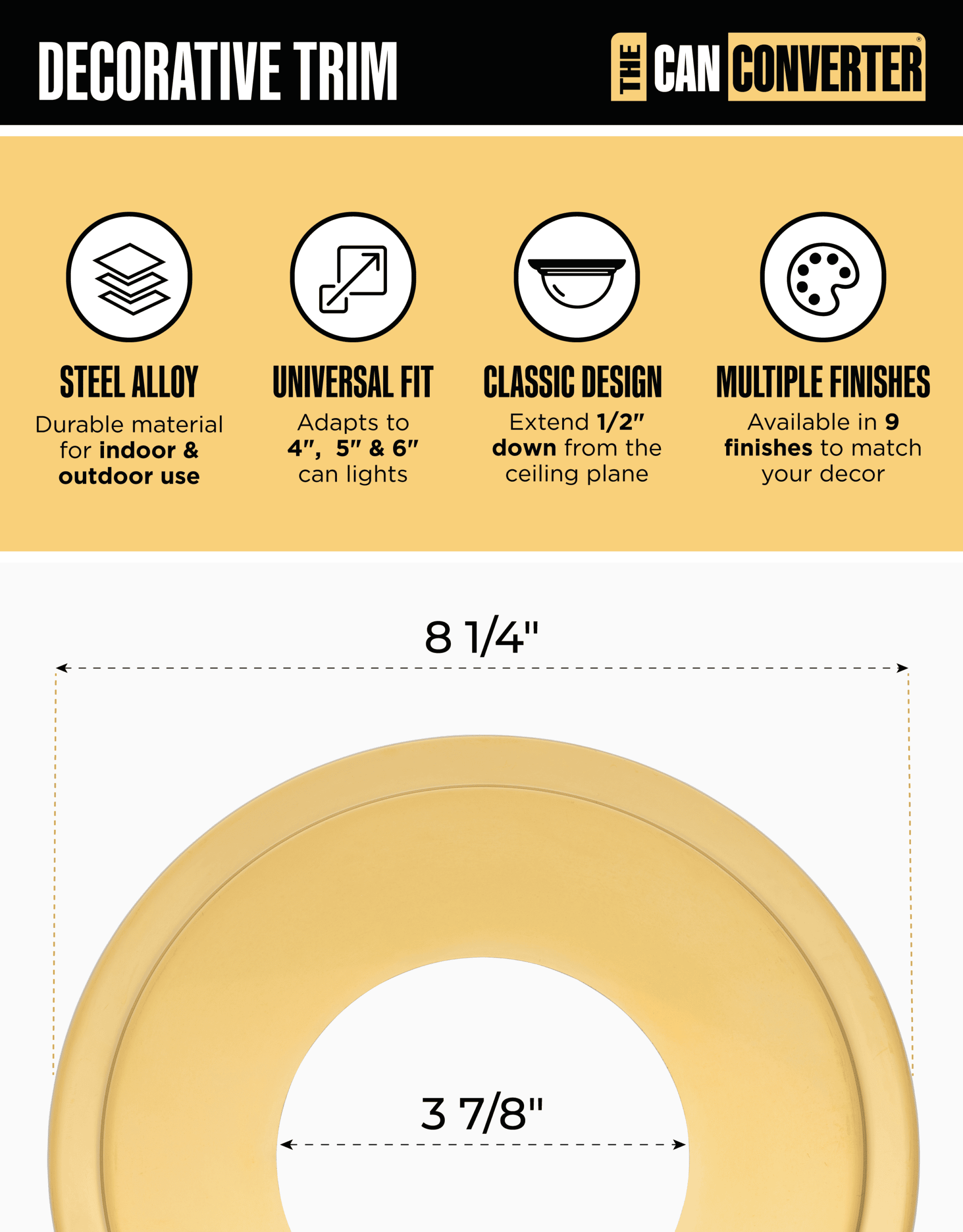 The Can Converter Ceiling Medallion for Recessed Can Light – Home Improvement Decorative Steel Goof Ring & Cover Plate for 4’’, 5’’ & 6″ Cans, Small Ceiling Medallion for Chandeliers, Polished Gold - Image 3