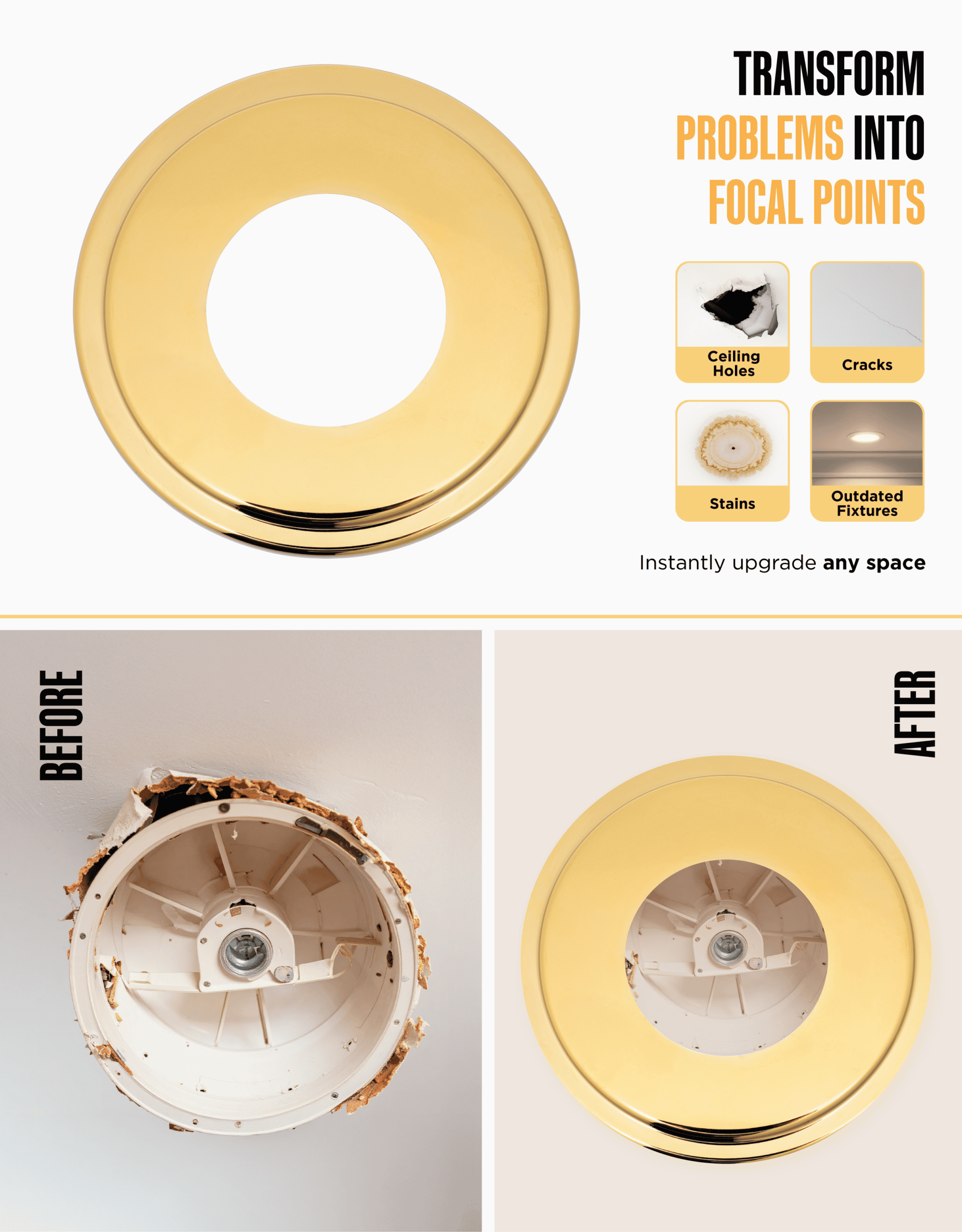 The Can Converter Ceiling Medallion for Recessed Can Light – Home Improvement Decorative Steel Goof Ring & Cover Plate for 4’’, 5’’ & 6″ Cans, Small Ceiling Medallion for Chandeliers, Polished Gold - Image 4