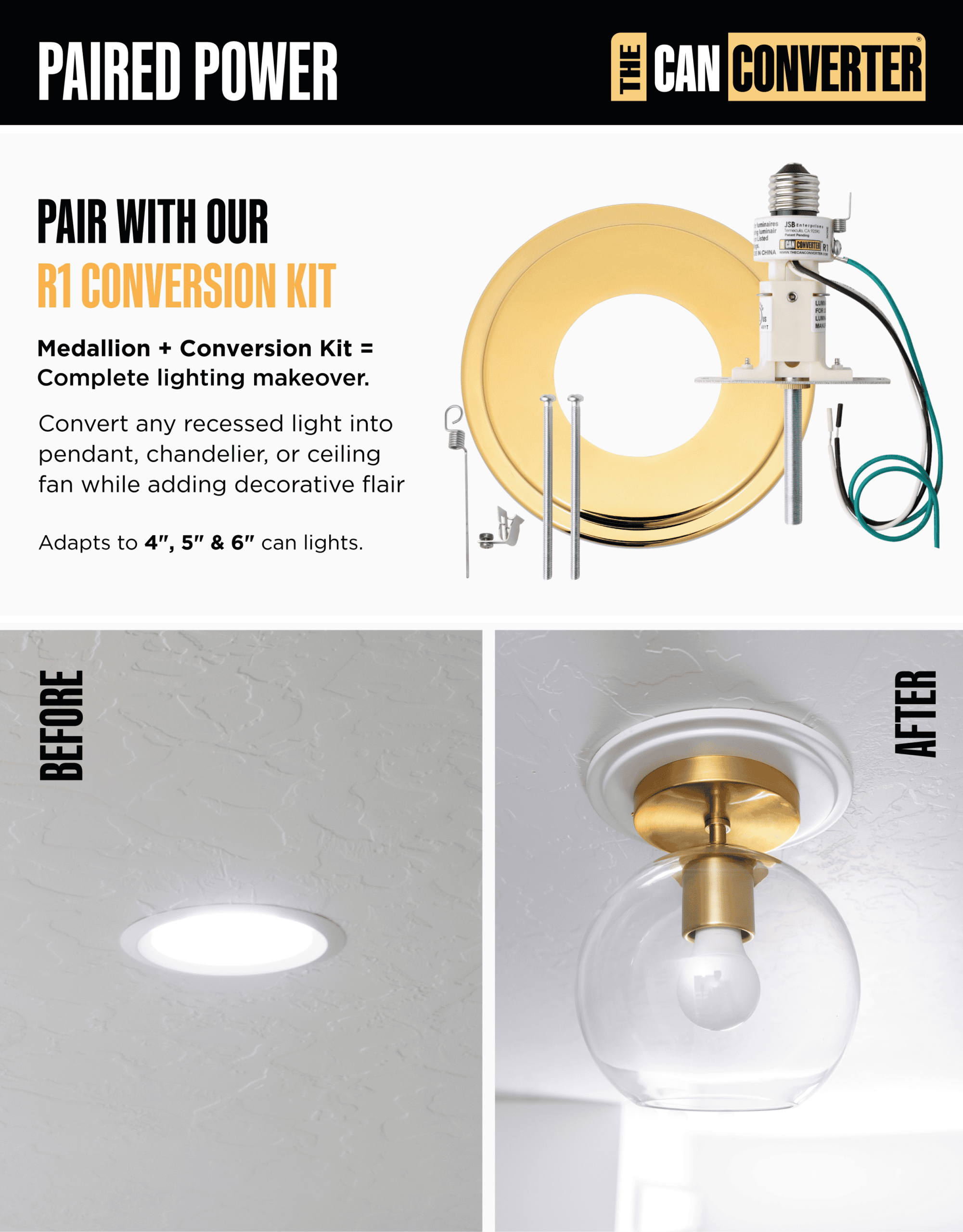 The Can Converter Ceiling Medallion for Recessed Can Light – Home Improvement Decorative Steel Goof Ring & Cover Plate for 4’’, 5’’ & 6″ Cans, Small Ceiling Medallion for Chandeliers, Polished Gold - Image 6