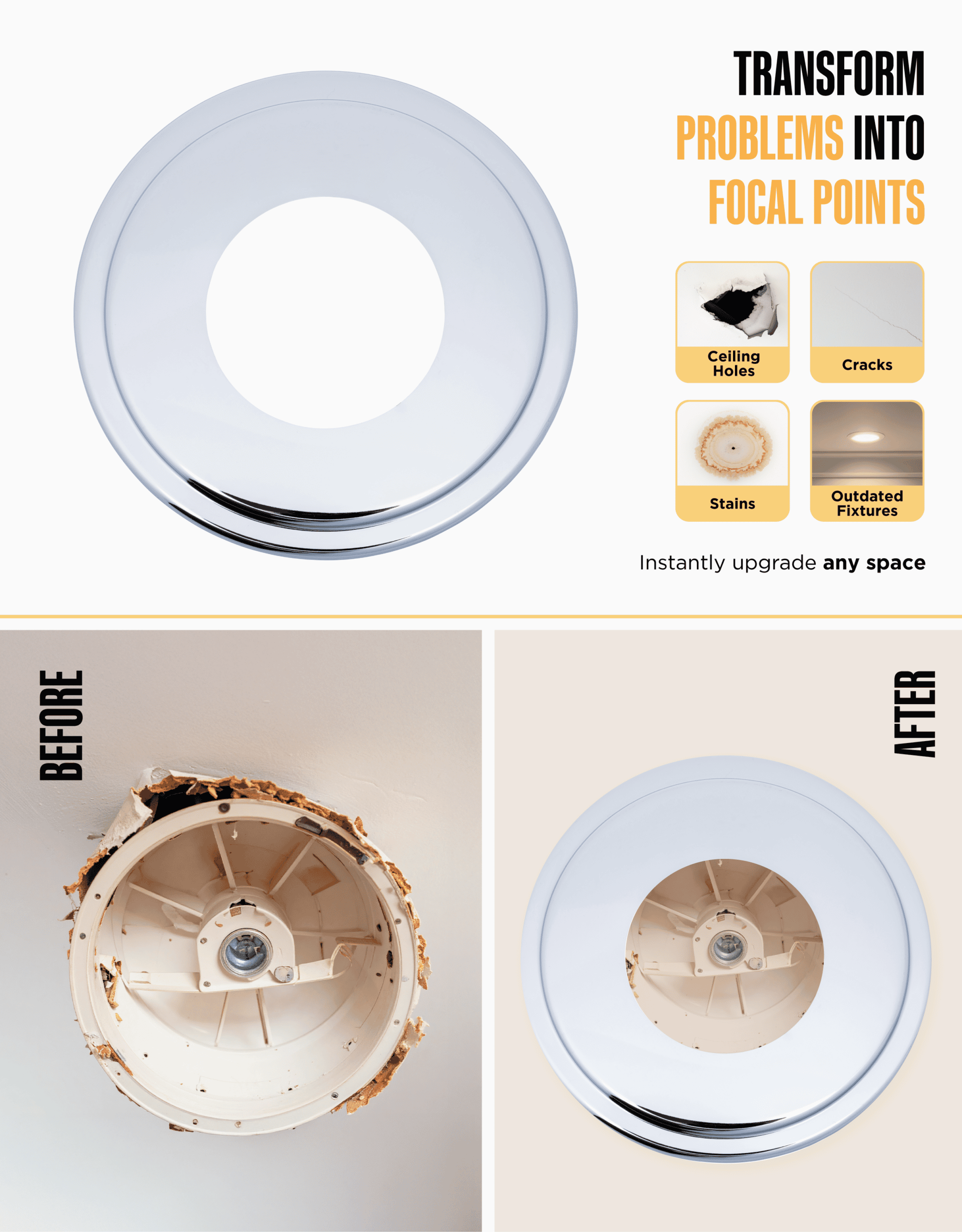 The Can Converter Ceiling Medallion for Recessed Can Light – Home Improvement Decorative Steel Goof Ring & Cover Plate for 4’’, 5’’ & 6″ Cans, Small Ceiling Medallion for Chandeliers, Polished Chrome - Image 4